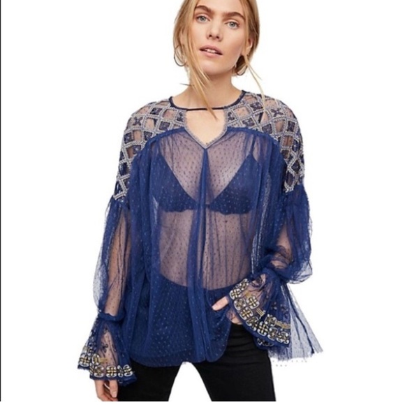 FREE PEOPLE NAVY BLUE EMBROIDERED MESH JOYRIDE SHEER TOP Sz Medium - Picture 1 of 16